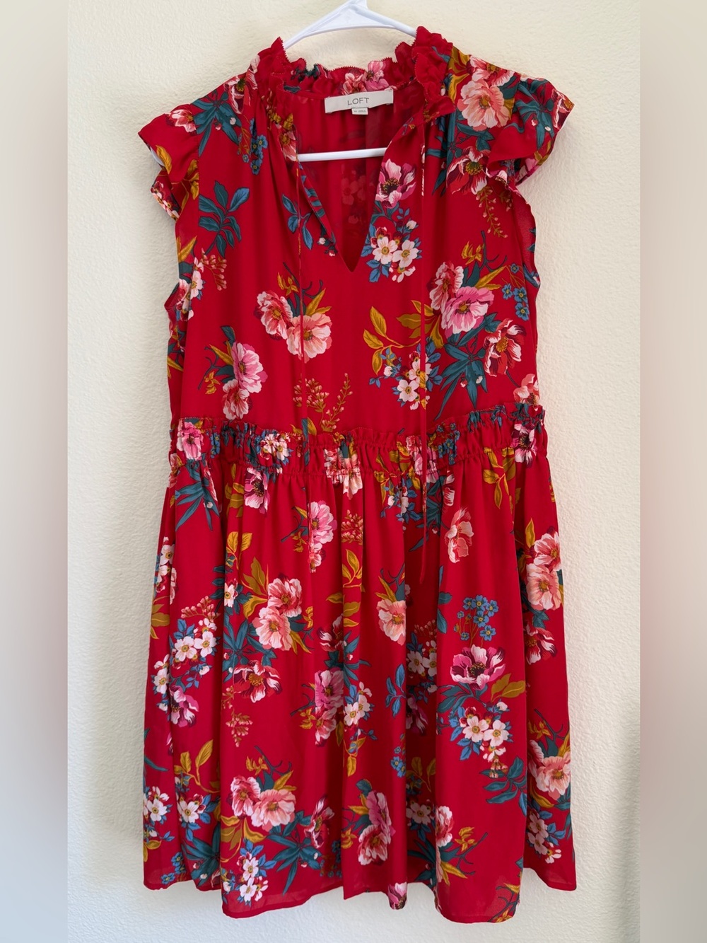 LOFT Floral Swing Dress Chiffon Flutter Sleeve Split Neck Red XS